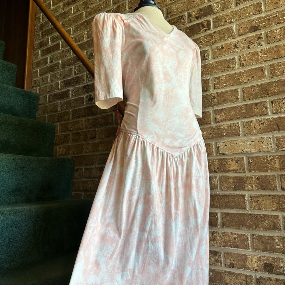 VTG 80s 90s Retro Basque Waist Light Pink Pastel Short Puff Sleeve Midi Dress